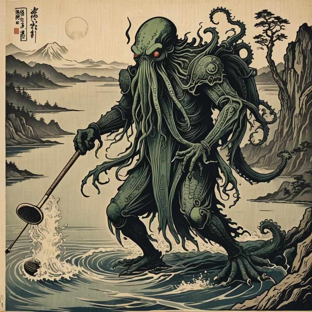 Cthulhu Golfing: Japanese Woodcut Style