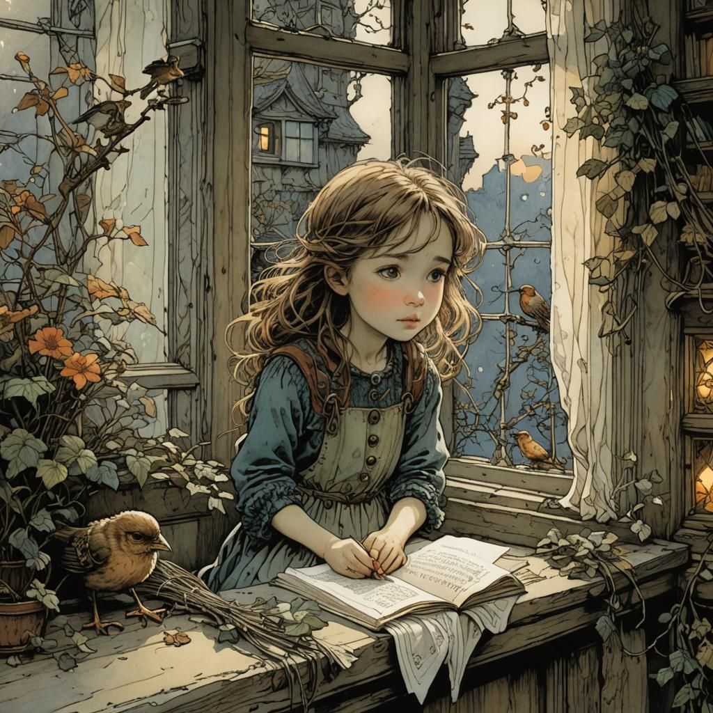 Girl, Bird, and Window: Intricate Illustration