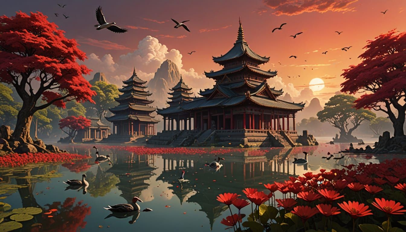 Ancient Temple Ruins at Sunset in Surreal Red Hues