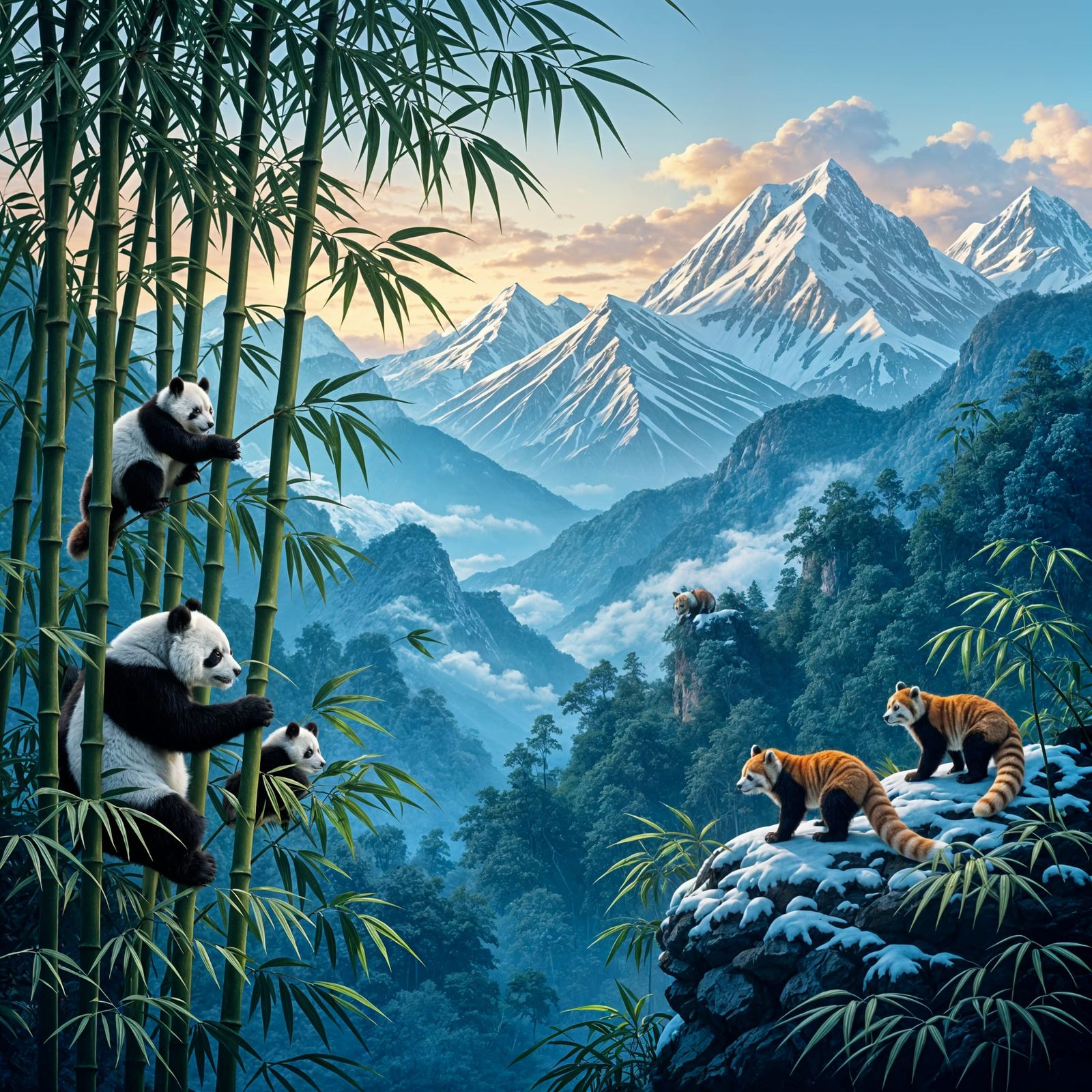 Pandas and Snow Leopards in a Mountain Landscape