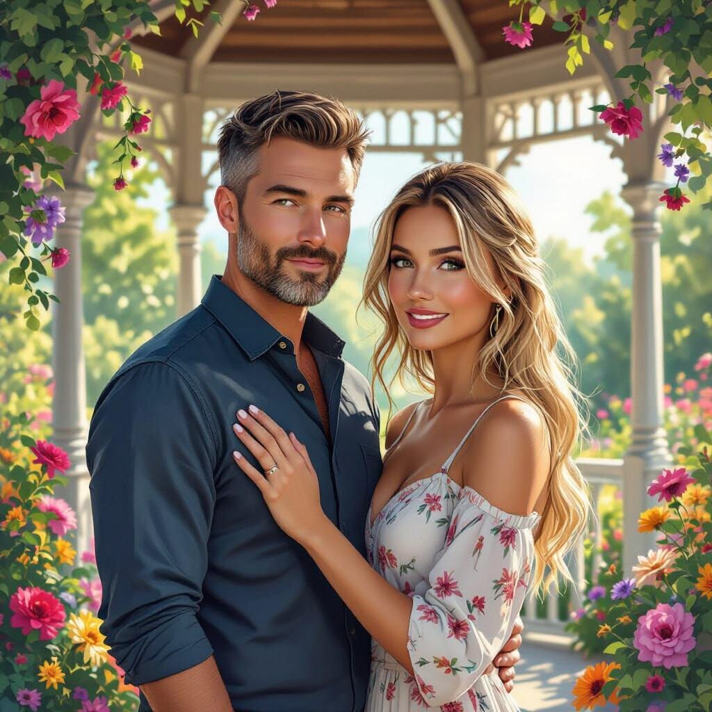 Reunited Couple in Gazebo: Hyperrealistic Splash Art