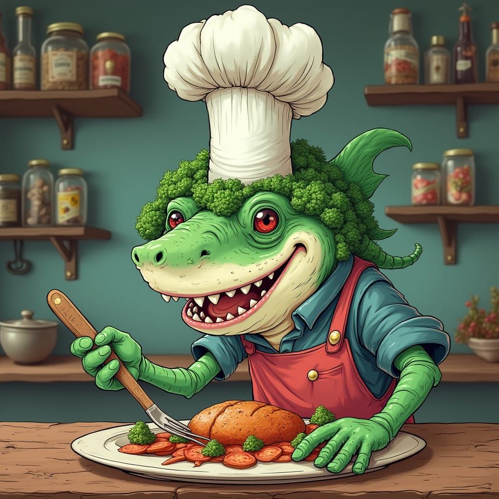 Comical Broccoli Shark Chef in Vibrant Kitchen