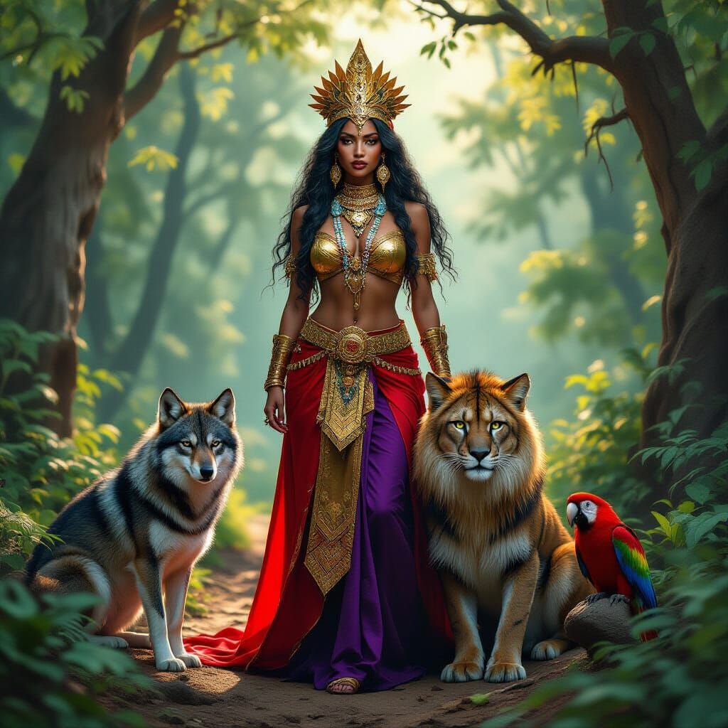 Voodoo Priestess with Mountain Lion and Wolves in Forest