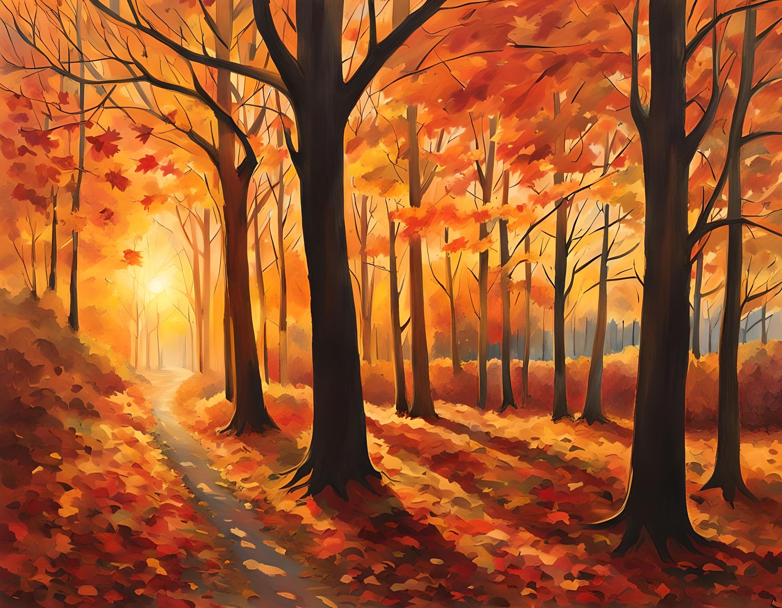 Autumn Sunset Forest Path in Watercolour