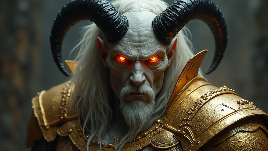 Ancient, Malevolent King with Obsidian Horns and Gilded Armo...