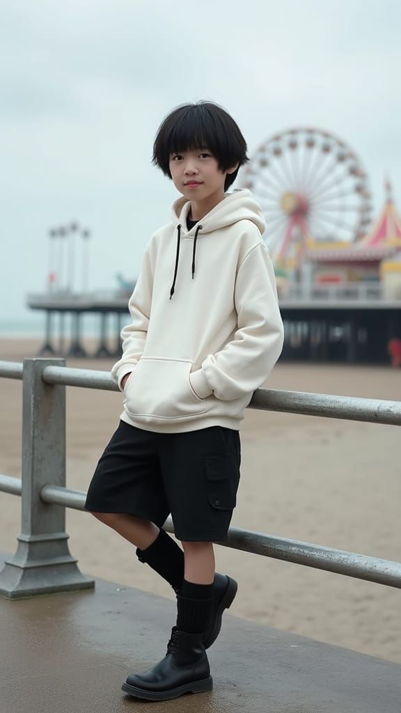 Chinese Teen Boy Leans Relaxed Against Metal Railing with Se...
