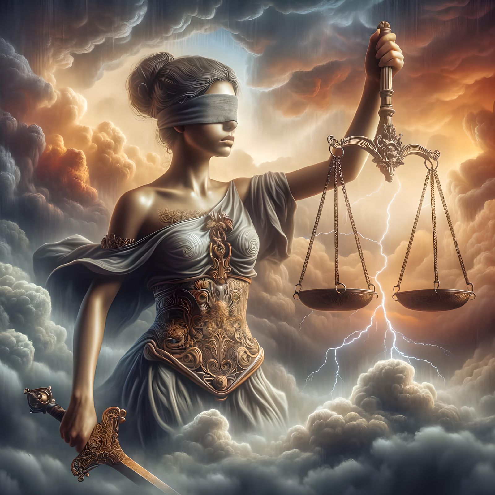 Lady Justice in Thunderstorm: Photorealistic Illustration