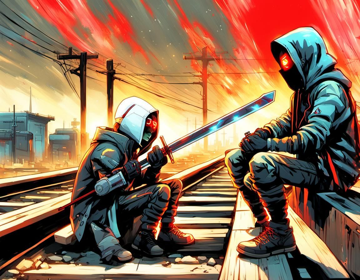 Cyberpunk Knight and Faceless Man on Moonlit Tracks