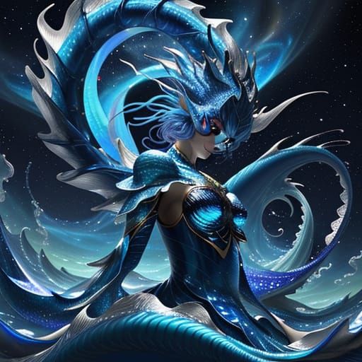 Surreal Blue Dragon in Celestial Vortex on Starry Ocean