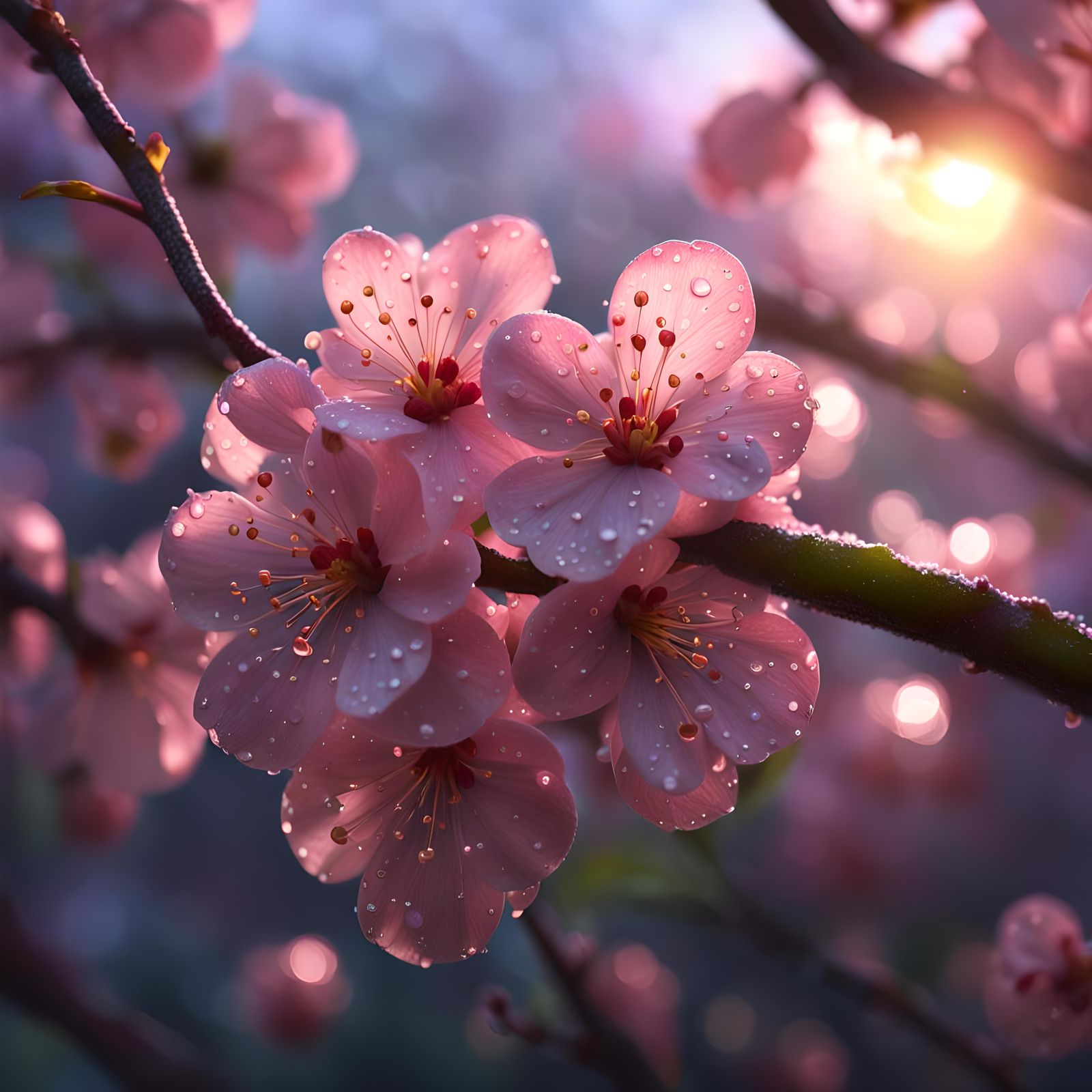Dew-Kissed Cherry Blossom: Photorealistic Macro Photography