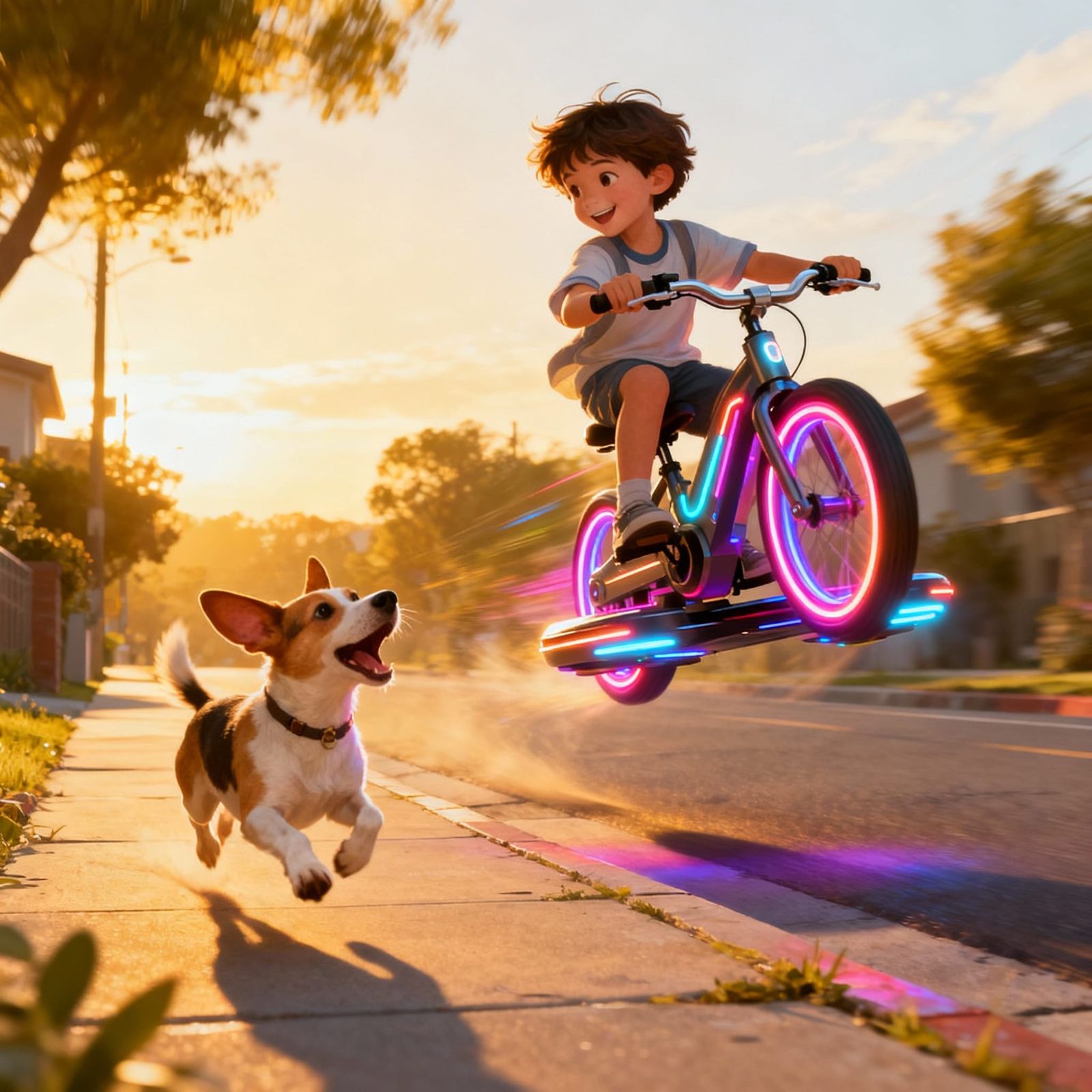 Futuristic Bicycle Chase: Child and Dog Adventure