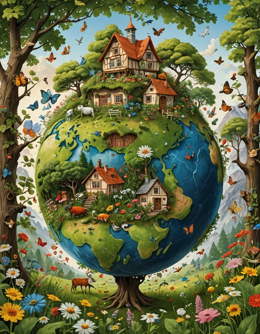 Earth Globe Framed by Nature and Animals