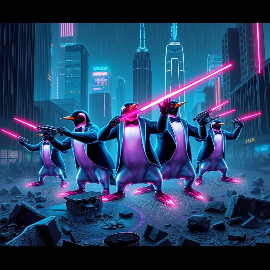 Penguin Battle in Dystopian Cityscape