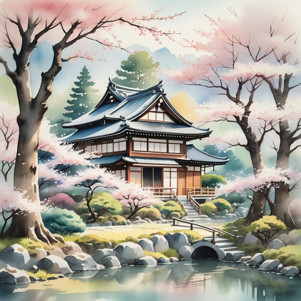 Serene Japanese Garden House in Watercolor