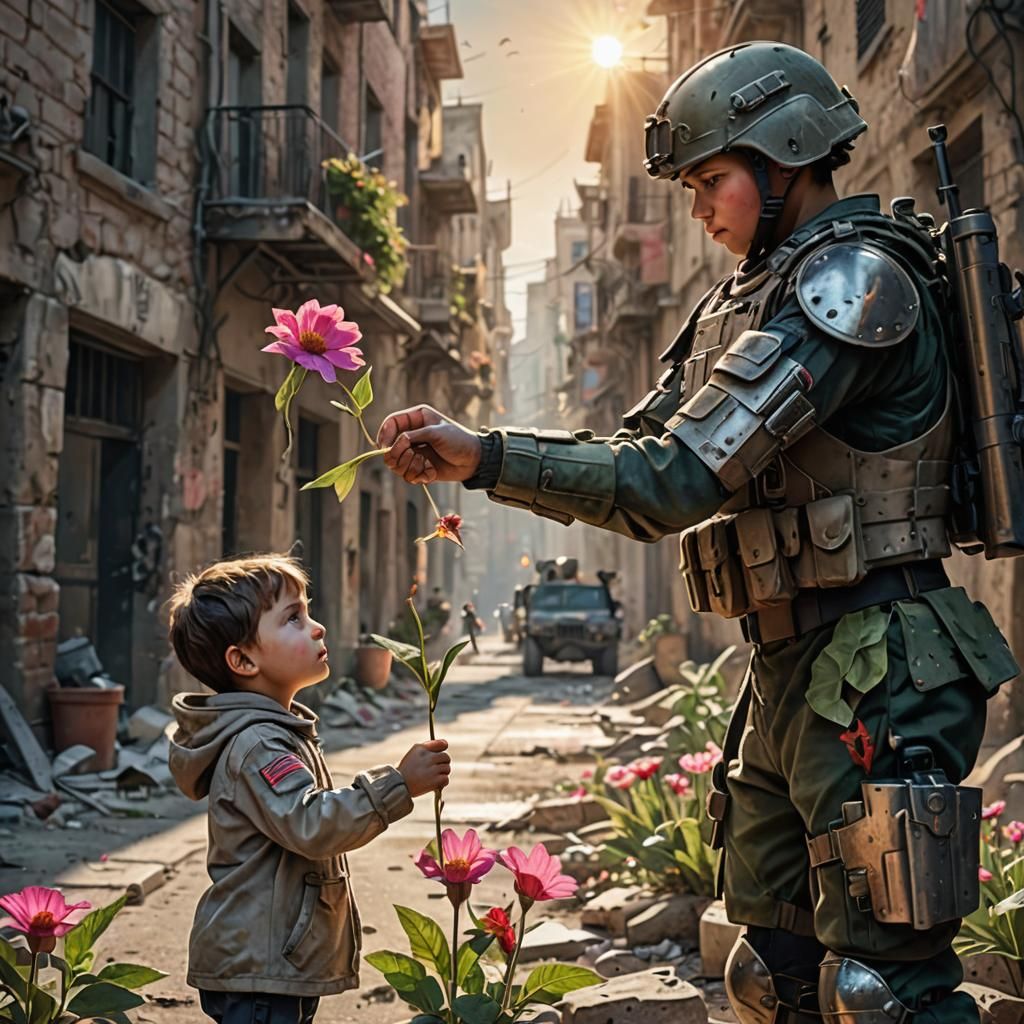 Child Offers Flower to Soldier in War-Torn City