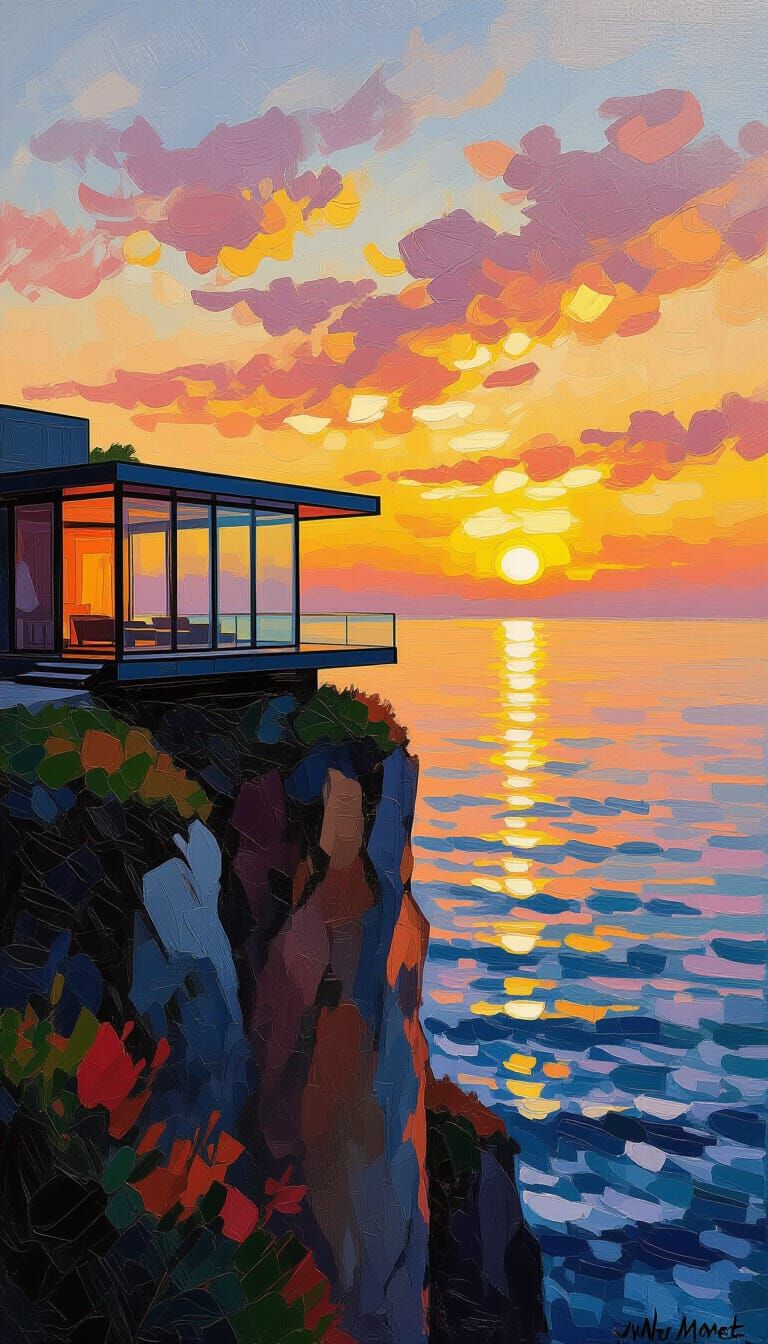 Glass House on Cliff at Sunrise, Vibrant Oil Painting