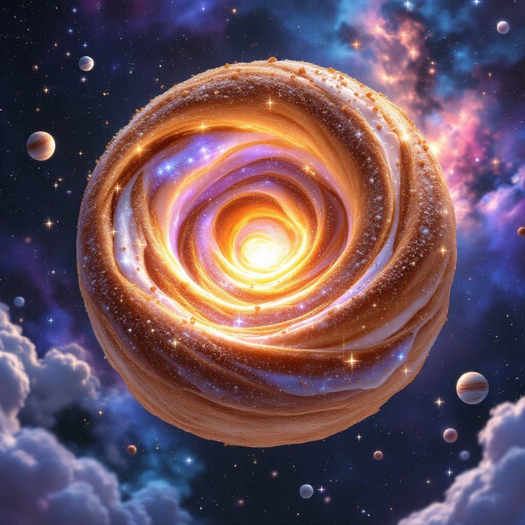 Cosmic Cinnamon Roll Galaxy in Whimsical Fantasy Style