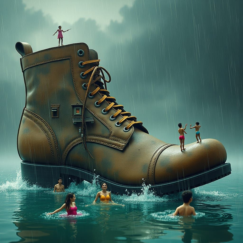 Giant Shoe Rainwater World: Dreamlike Cinematic Scene