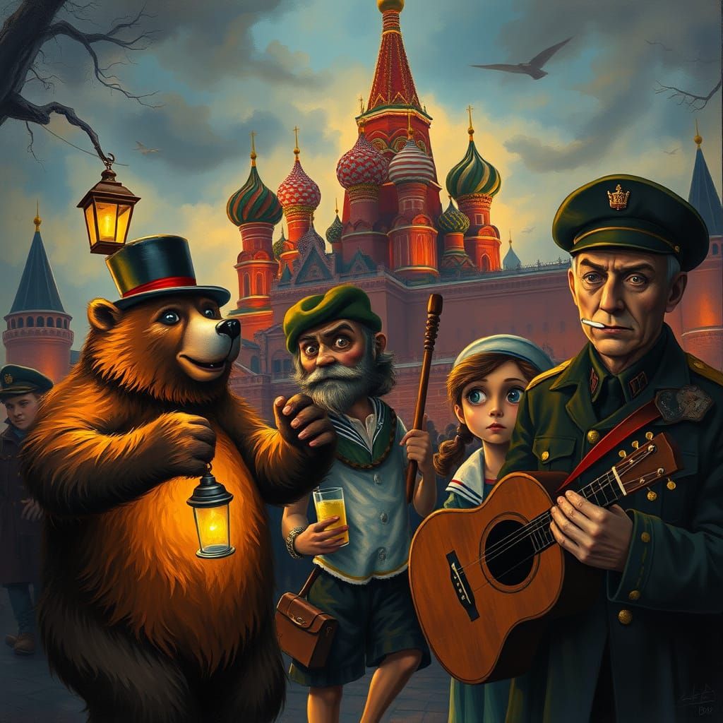 Whimsical Kremlin Dance in Dark Folk Art Style