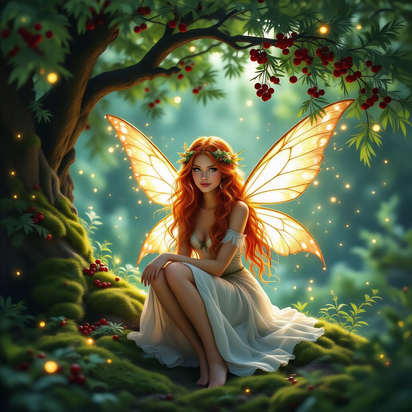 Happy Juniper Fairy with Glowing Wings in Enchanted Forest