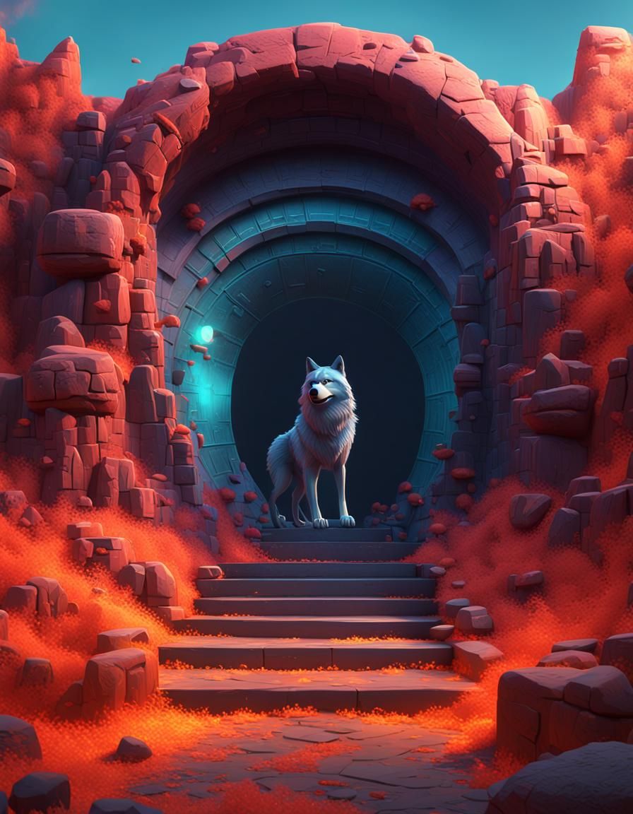 Cartoon Wolf Guarding the Entrance to Hell
