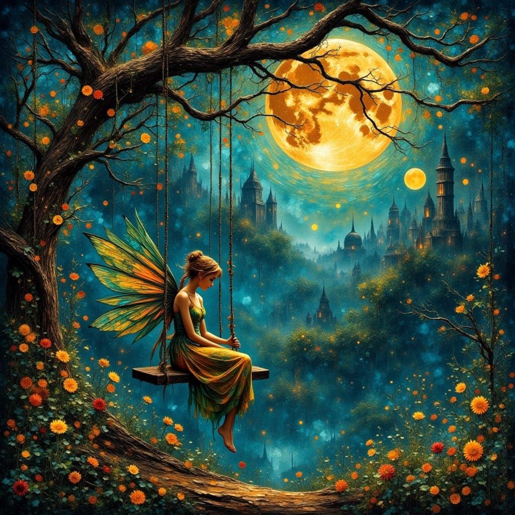Fairy on Tree Swing Under Moonlight