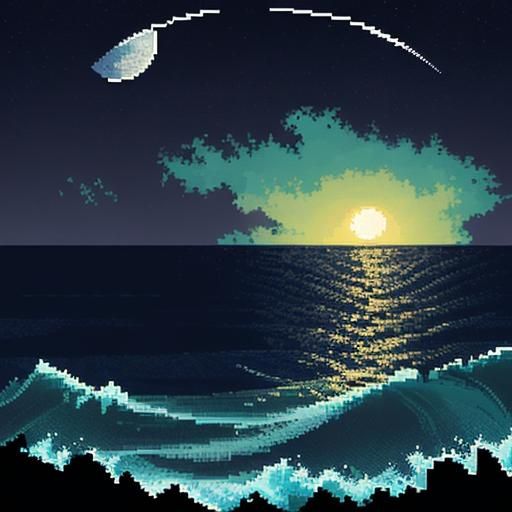 Pixel art style landscape of the ocean at night. The October...
