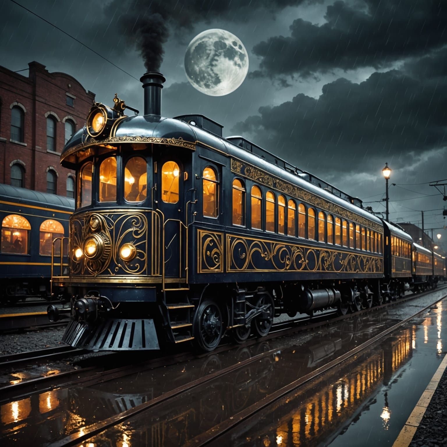 Eerie Art Deco Circus Train Under Full Moon