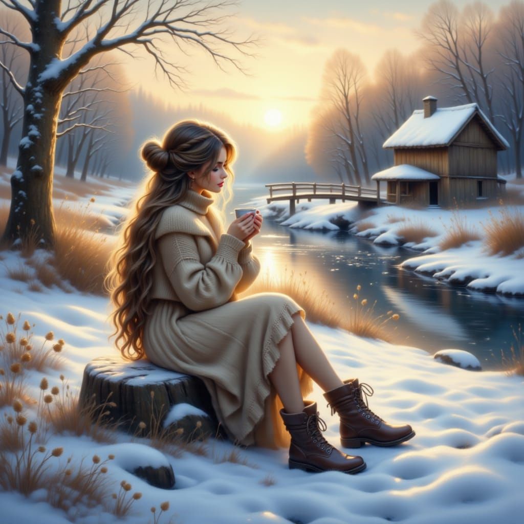 Serene Woman in Snowy Landscape Drinking Coffee