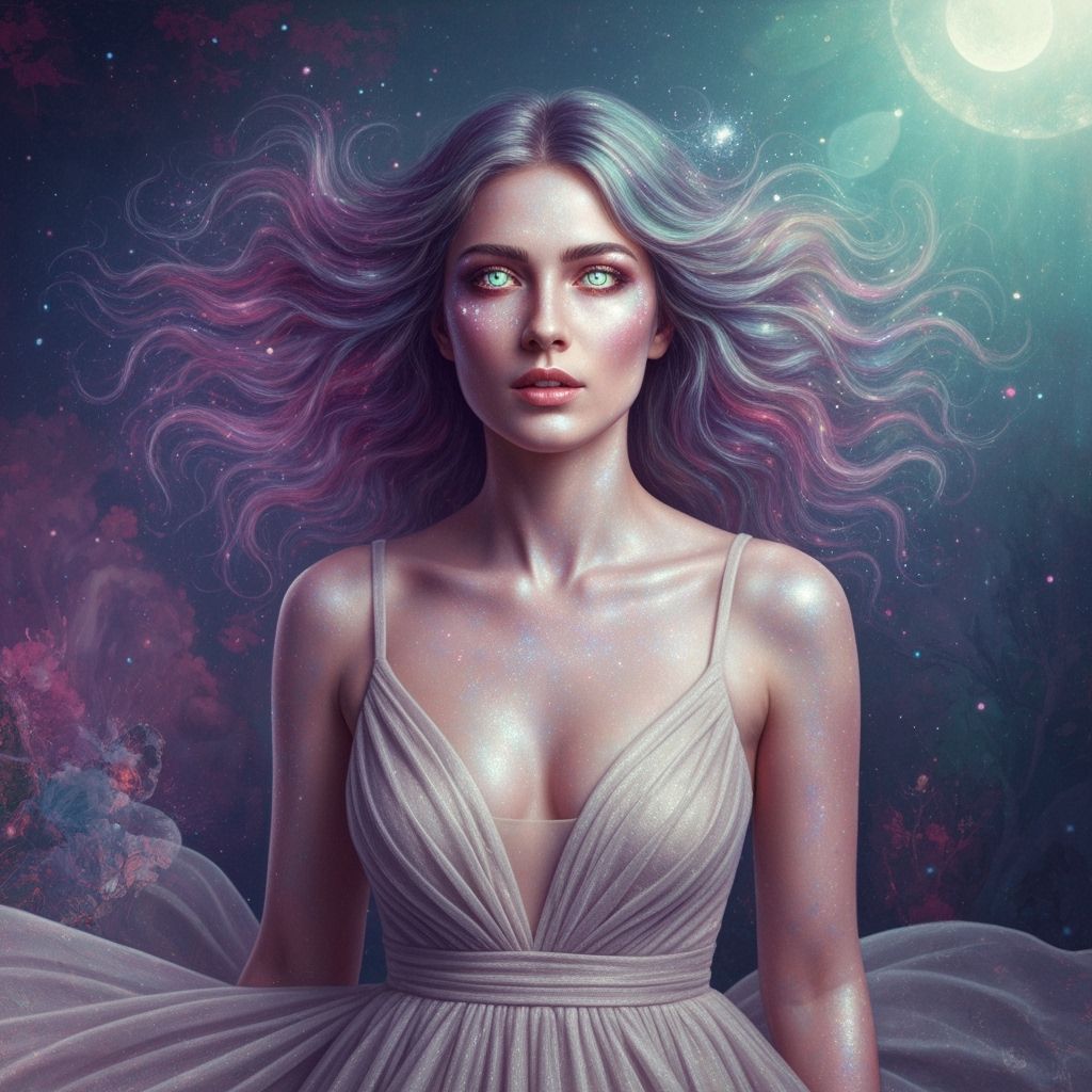 Ethereal Woman with Galaxy Eyes in Fantasy Gown