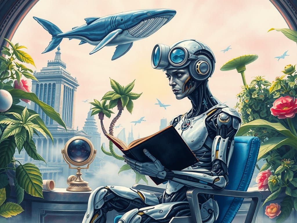 Cyborg Space Captain Reading with Robot Cat