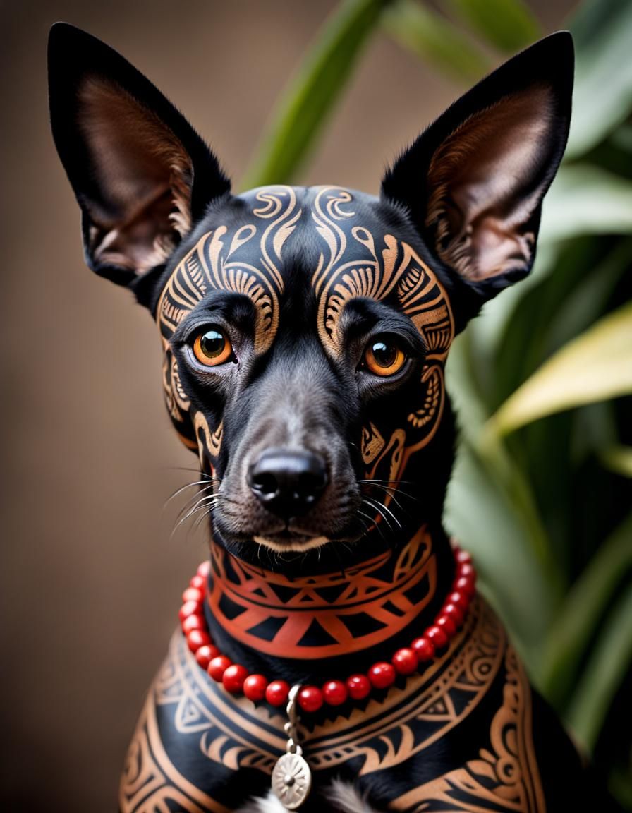 Tribal Tattooed Xoloitzcuintle in Wood Engraving Style