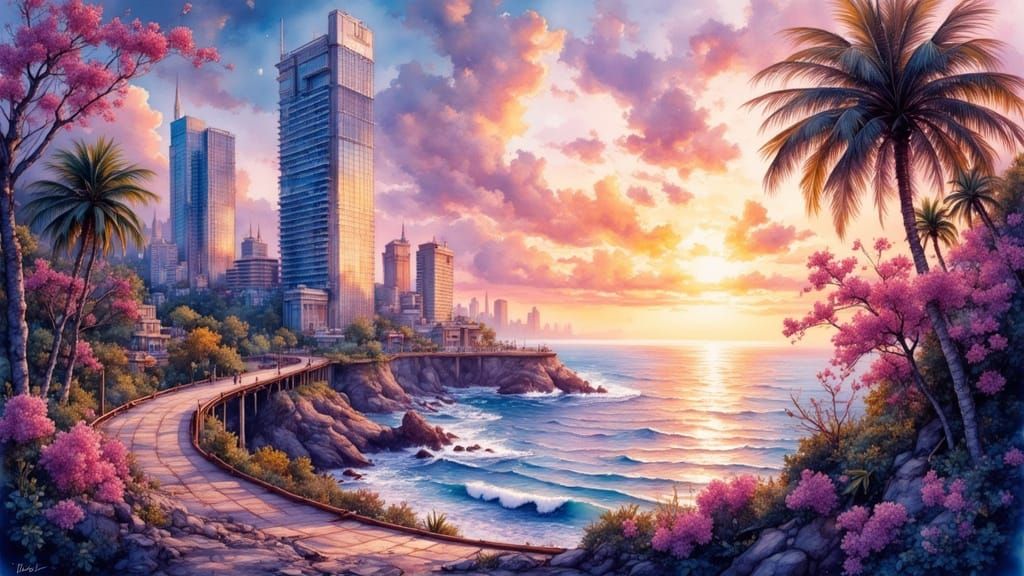 Surreal Sunset Cityscape on Oceanfront, with Skyscrapers Ref...
