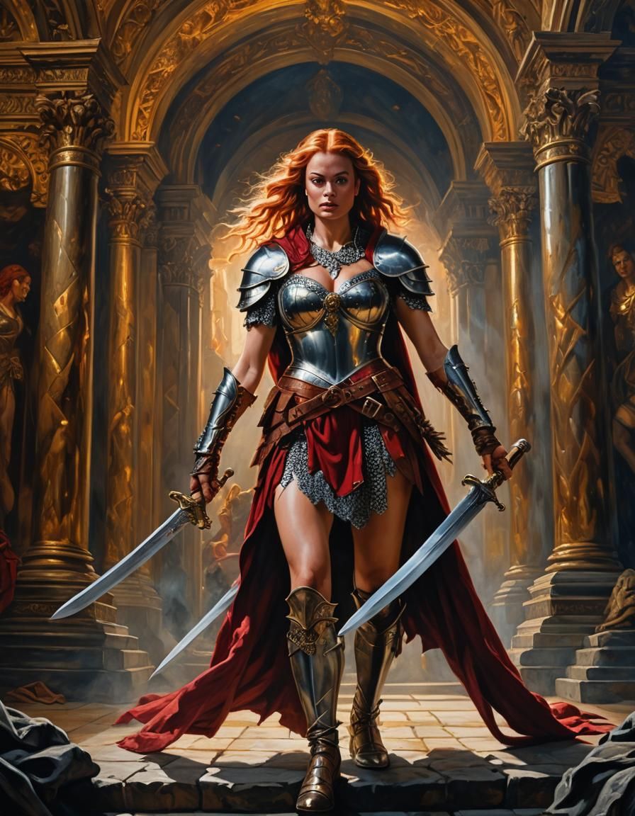 Margot Robbie as Red Sonja in Grand Flemish Baroque Style