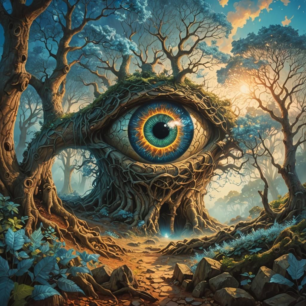 Magical Eye Fuses with Ancient Tree in Dreamy Forest