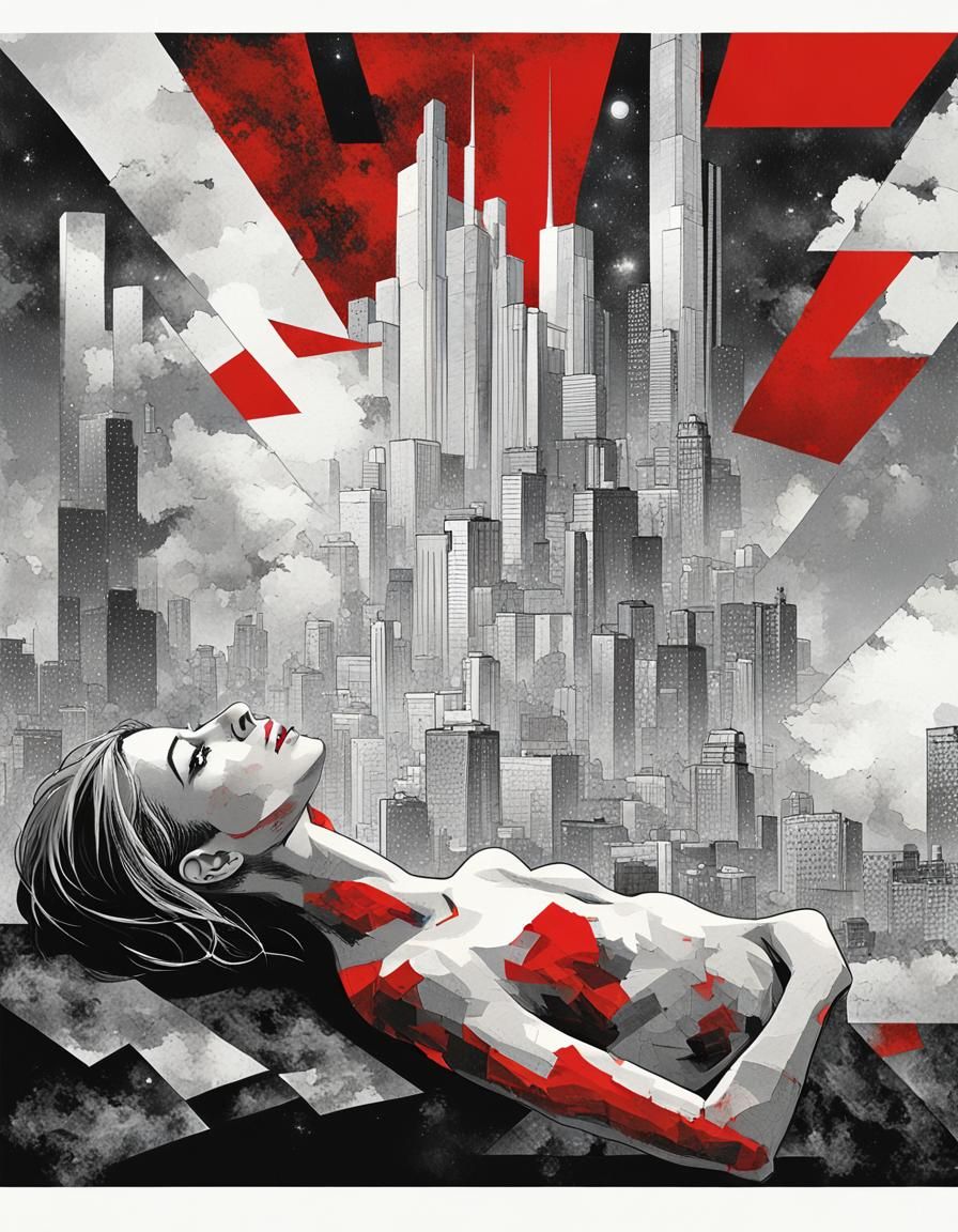 Vampiric Woman in Cubist Cityscape, Abstract Art