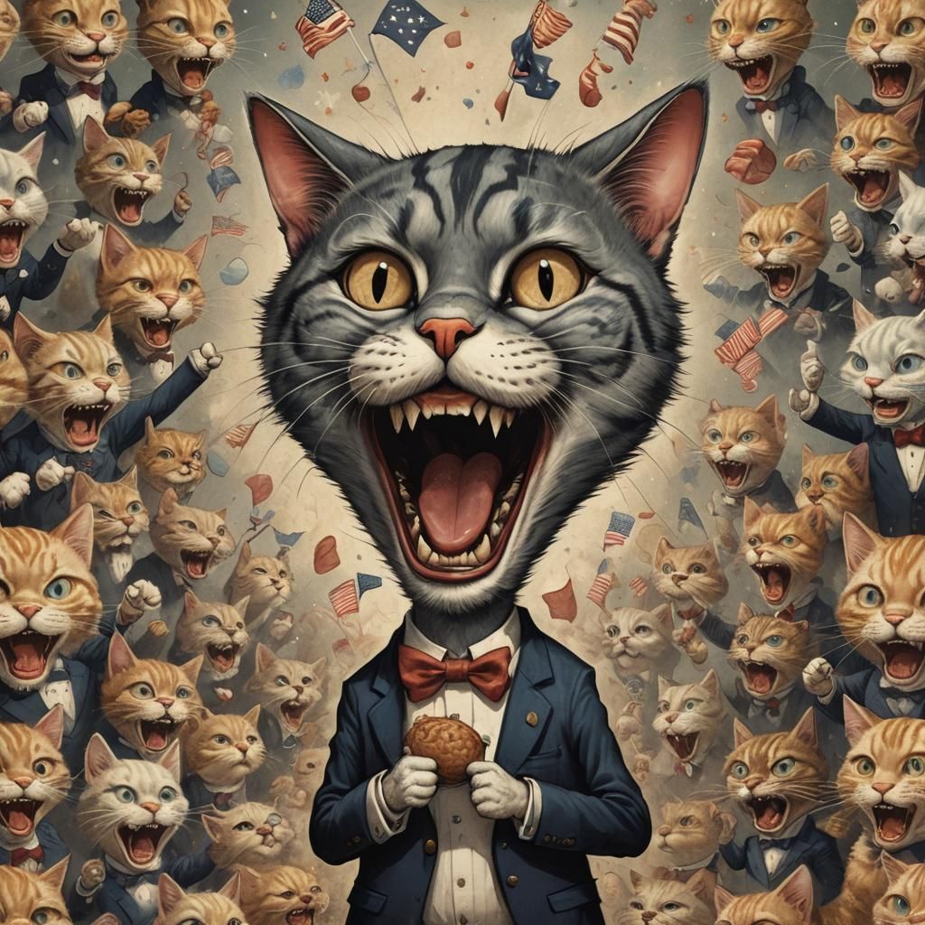 Cartoon Cat Celebrates Fourth of July in Caricature Style