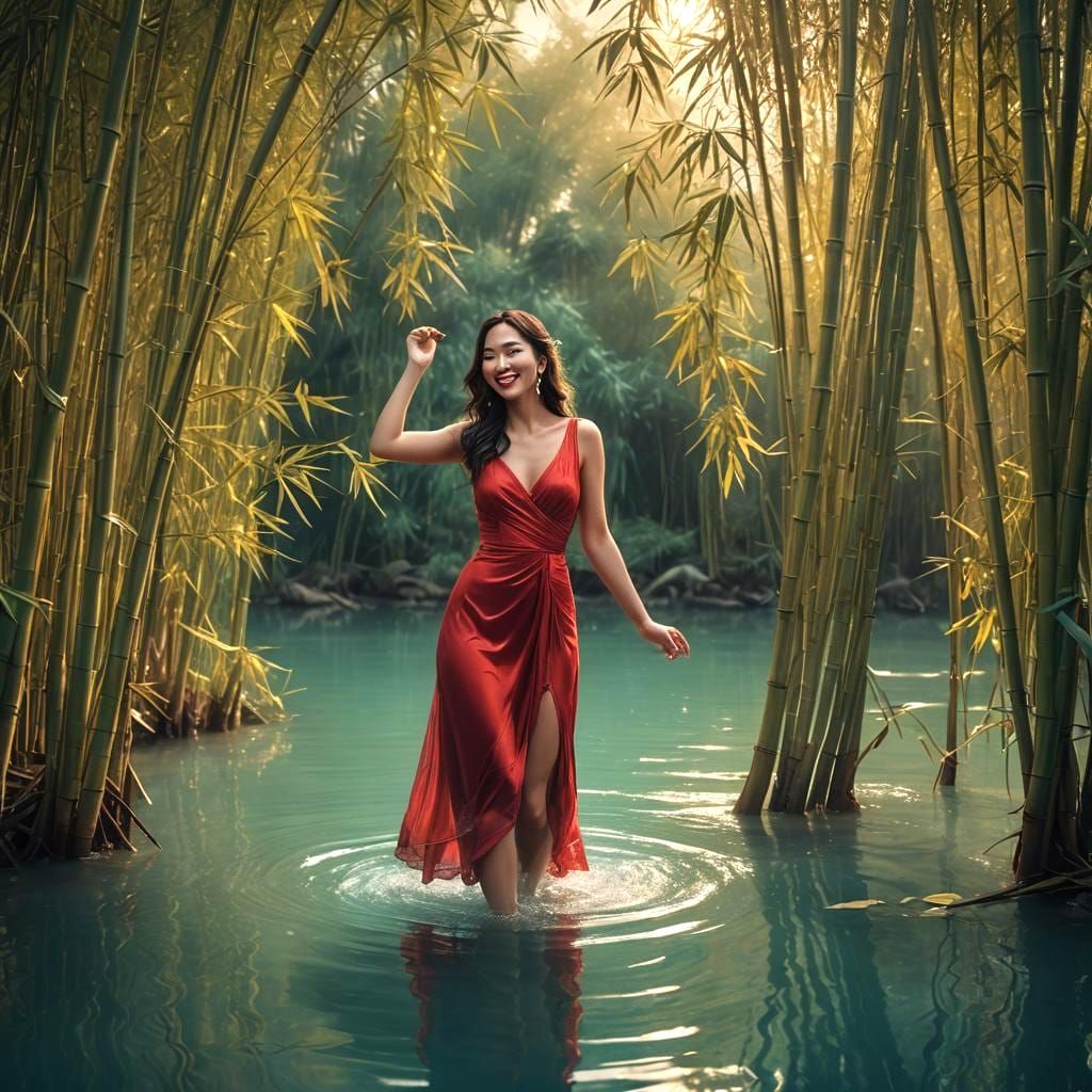 Woman in Red in Lake: Detailed Matte Painting