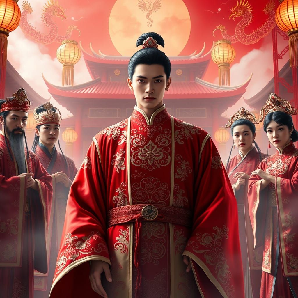 Dazzling Ancient Chinese Emperor in Crimson Silk Robes with....