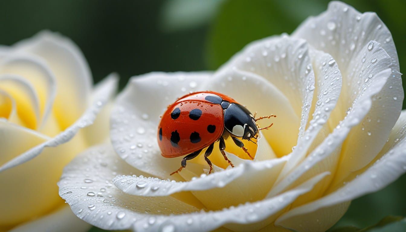 Photorealistic Ladybug on White Rose in Macro Detail