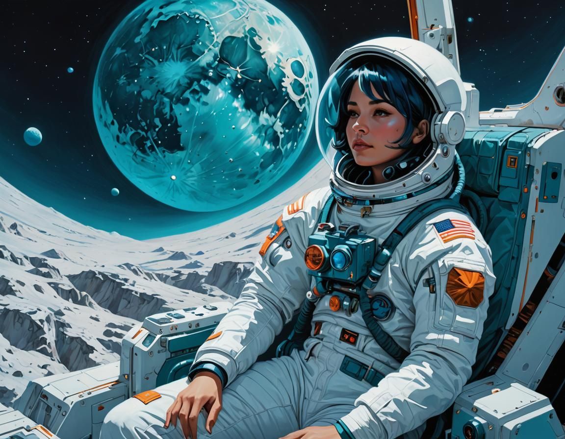 Cosmonaut Observes Blue Moon: Kilian Eng Oil Painting