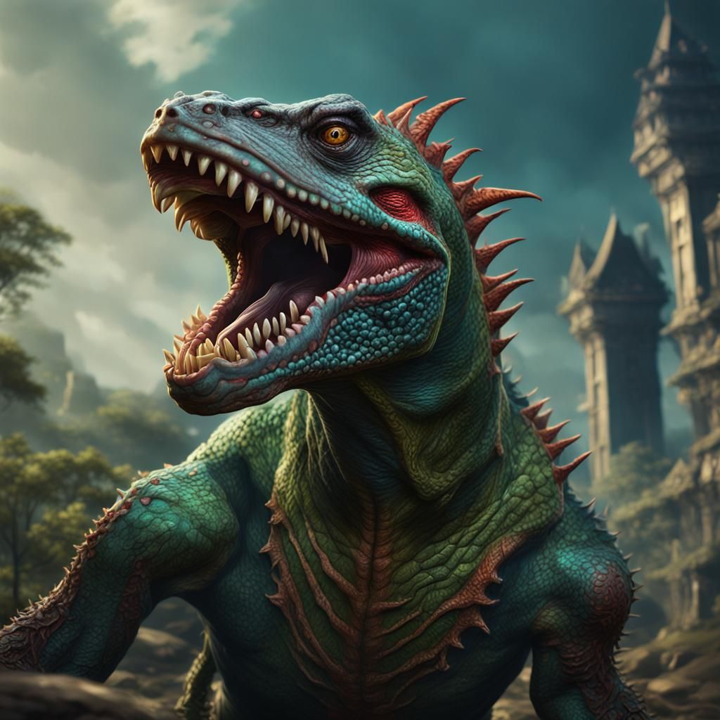 Carnivorous Lizard Person: Detailed Matte Painting
