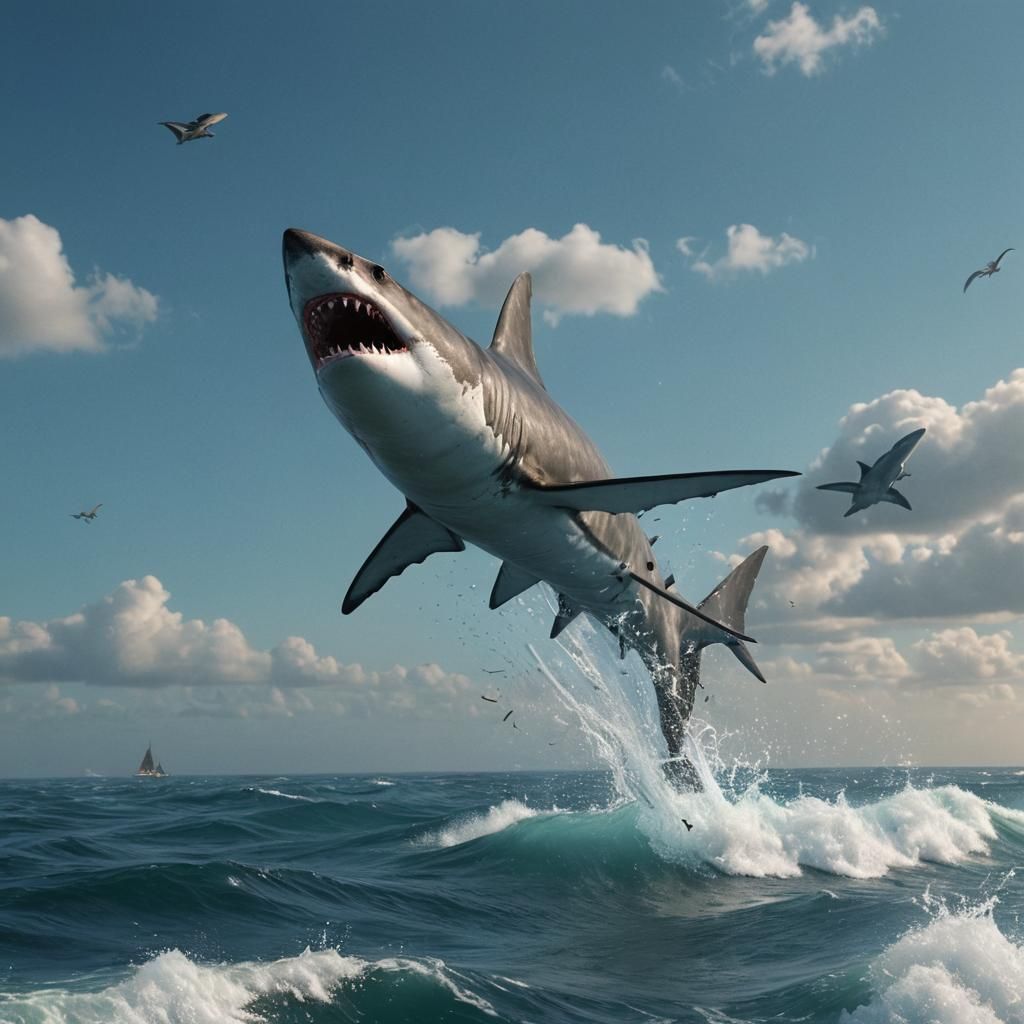 Flying Shark Hunts Over Ocean: Fantasy Concept Art