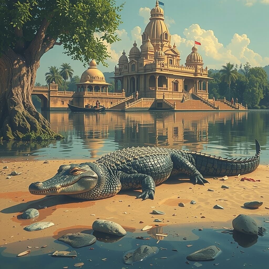 Crocodile Basks in Serene Indian River Landscape