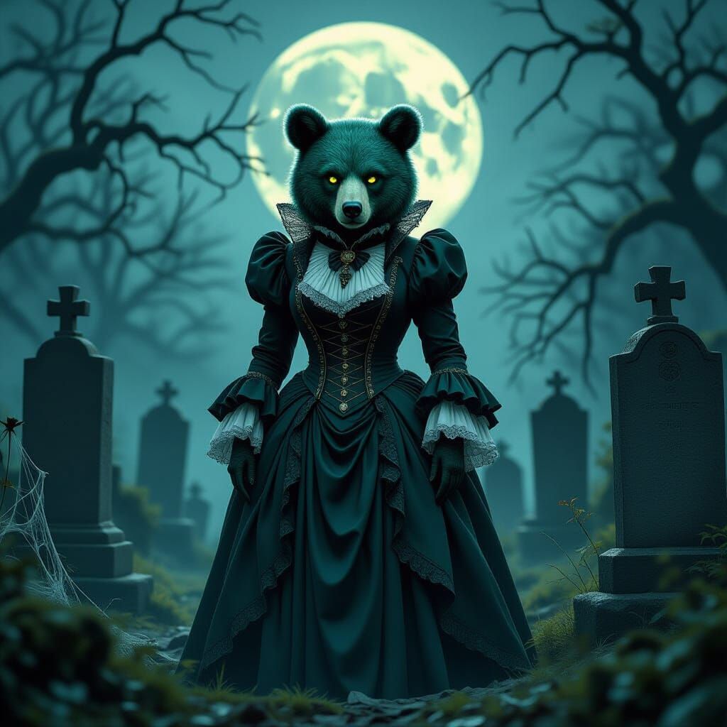 Gothic Bear in Moonlit Graveyard