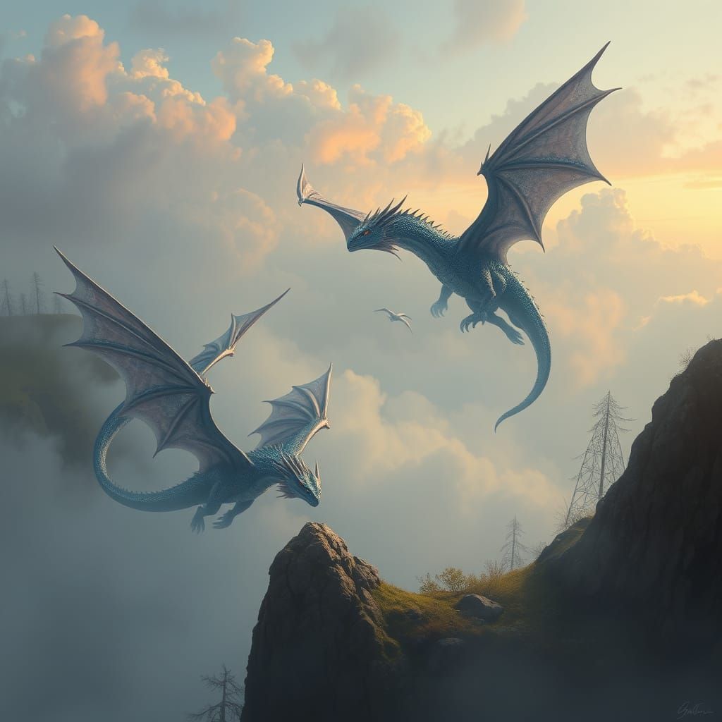 Ethereal Dragons Floating in Misty Air, Dreamy Landscape