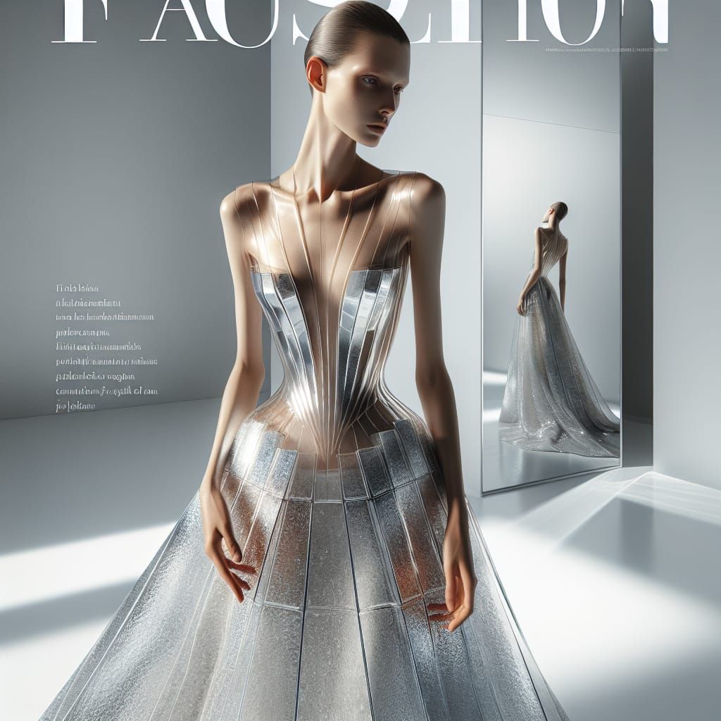 Avant-Garde Model in Glass Gown on Fashion Magazine Cover