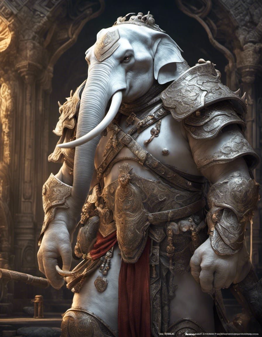 Detailed Loxodon Paladin Portrait in White Armor