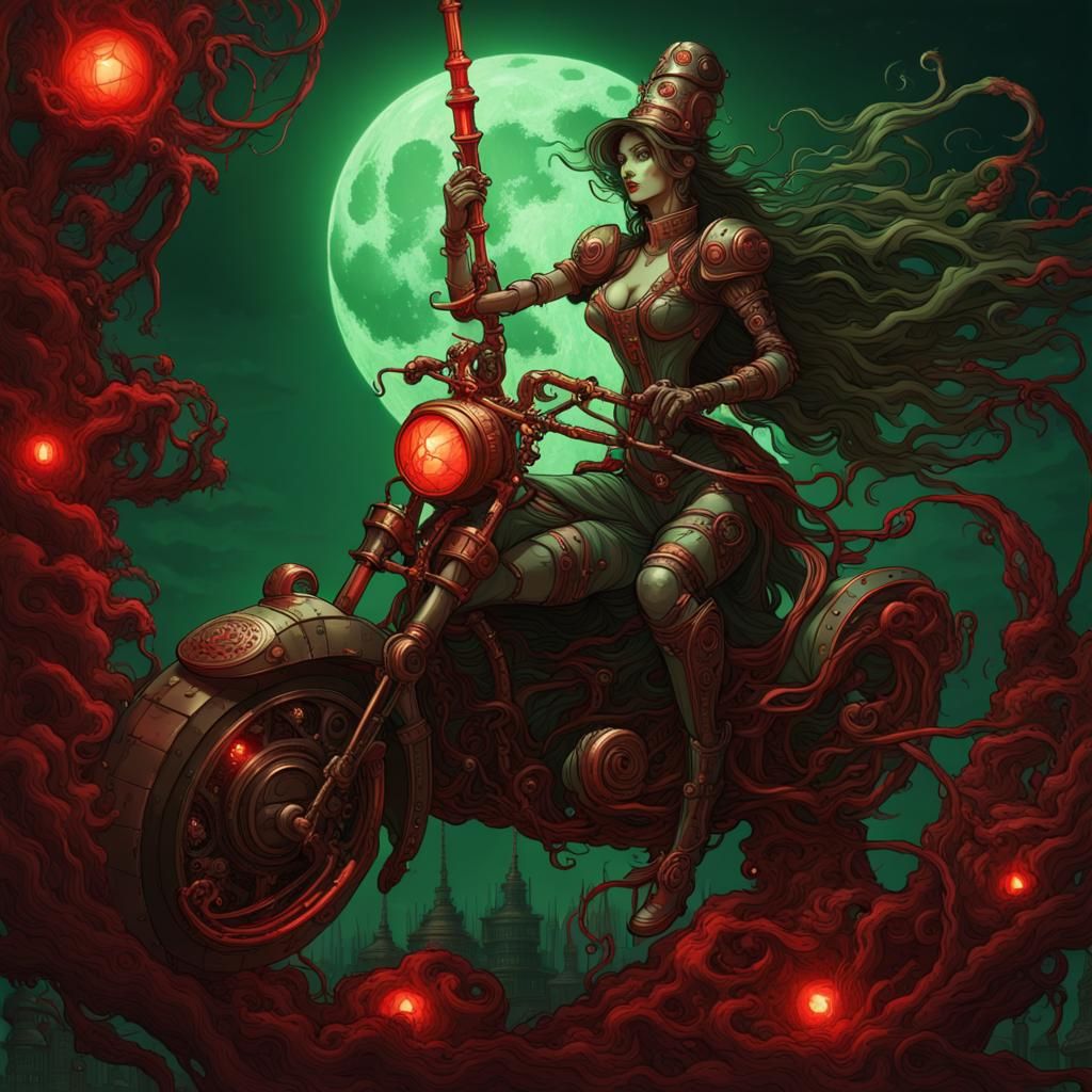 Woman Rides Magic Mop Around Steampunk Statue