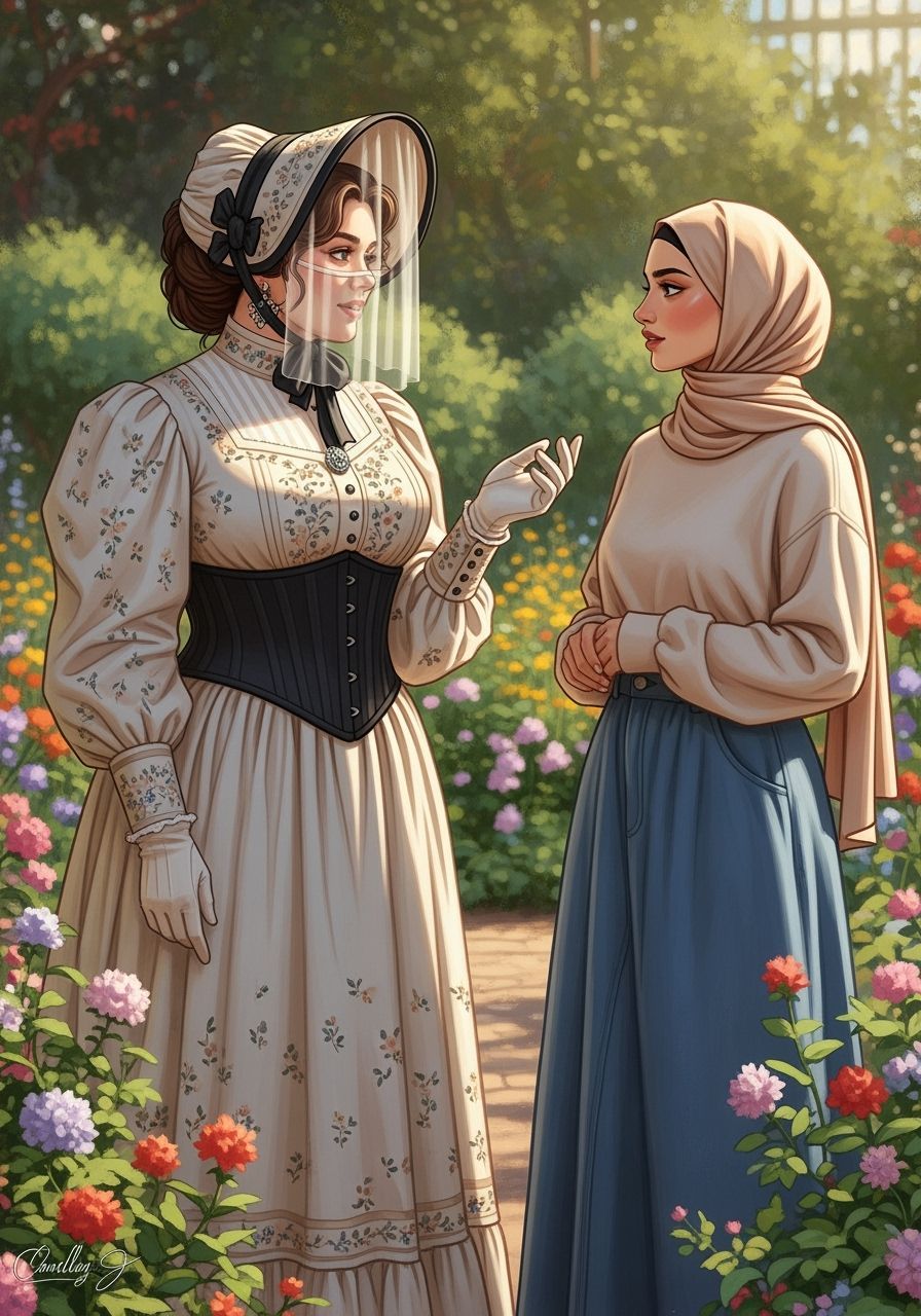 Victorian Era Women in Botanic Garden, Impressionist Style